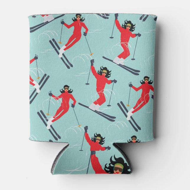 Alpine Skiing Adventure: Vintage Winter Illustrati Can Cooler (Front)