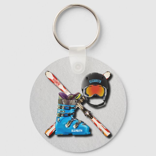 Alpine Skiing Boots Helmet Googles With Your Name Key Ring (Front)