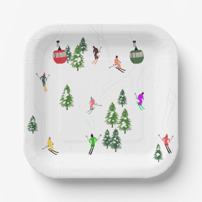  Alpine Skiing | Gondola Ski Lift Holiday Skiers Paper Plate (Front)