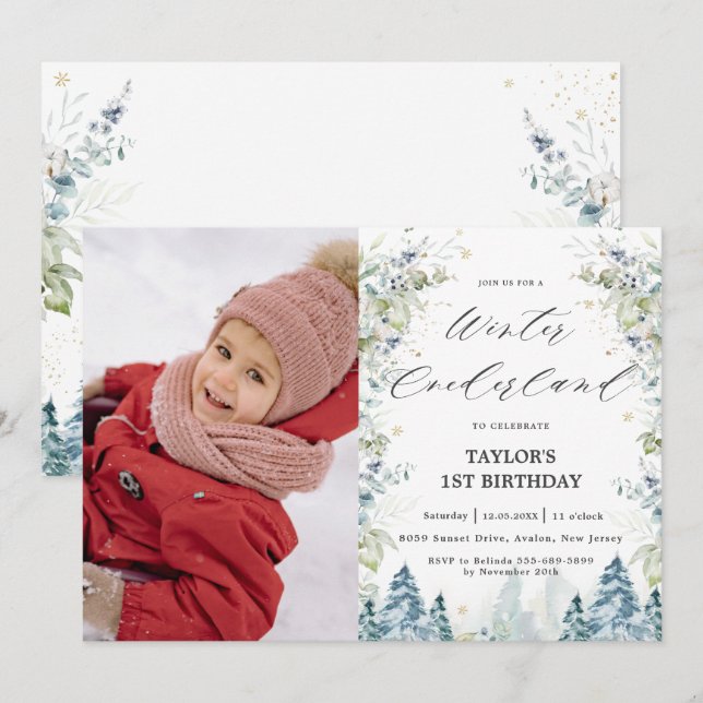 Alpine Trees Winter Onederland 1st Birthday Photo Invitation (Front/Back)