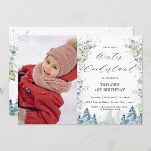 Alpine Trees Winter Onederland 1st Birthday Photo Invitation