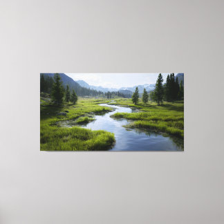 Alpine Valley Stream Green Meadows Snowy Peaks Canvas Print