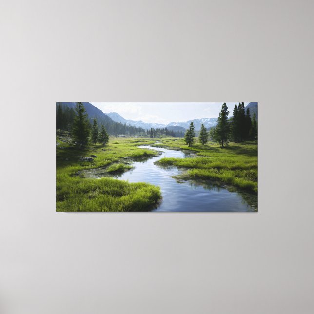 Alpine Valley Stream Green Meadows Snowy Peaks Canvas Print (Front)