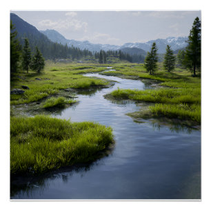 Alpine Valley Stream Green Meadows Snowy Peaks Poster