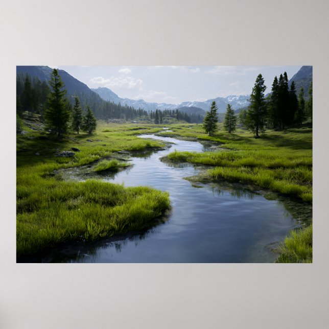 Alpine Valley Stream Green Meadows Snowy Peaks Poster (Front)