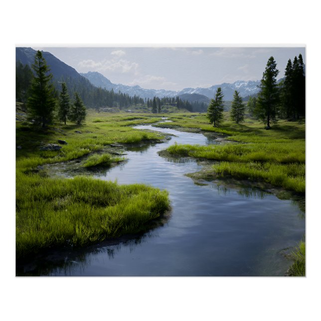 Alpine Valley Stream Green Meadows Snowy Peaks Poster (Front)