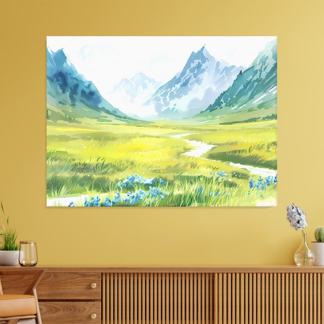 Alpine Whisper – Meadow Beneath the Peaks Canvas Print (Insitu(LivingRoom))