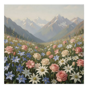 Alpine Wildflower Meadow Mountain Landscape Scene Poster
