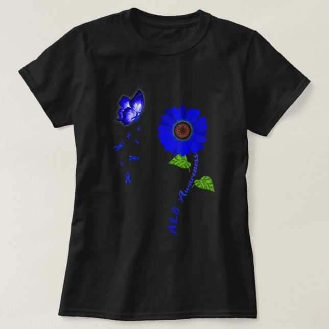 ALS Awareness Blue Butterfly Sunflower Ribbon  T-Shirt (Design Front)