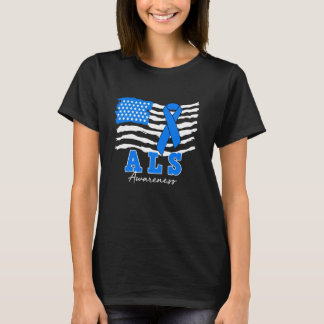 ALS Awareness Blue Ribbon American Flag ALS Warrio T-Shirt