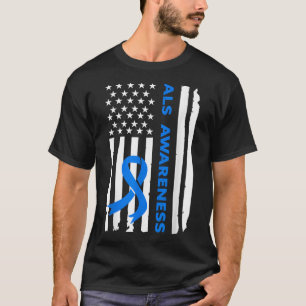Als Awareness Blue Ribbon American Flag  T-Shirt