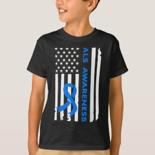 Als Awareness Blue Ribbon American Flag  T-Shirt
