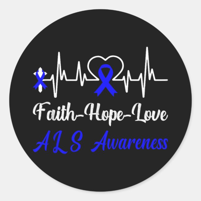 Als Awareness Heartbeat Christian Cross Faith Blue Classic Round Sticker (Front)