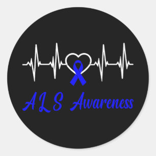 Als Awareness Heartbeat Love Blue Ribbon Support F Classic Round Sticker