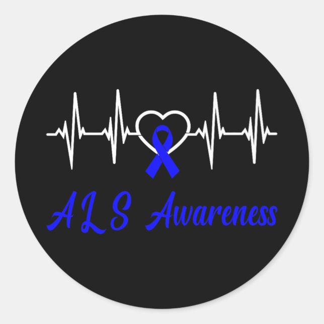 Als Awareness Heartbeat Love Blue Ribbon Support F Classic Round Sticker (Front)