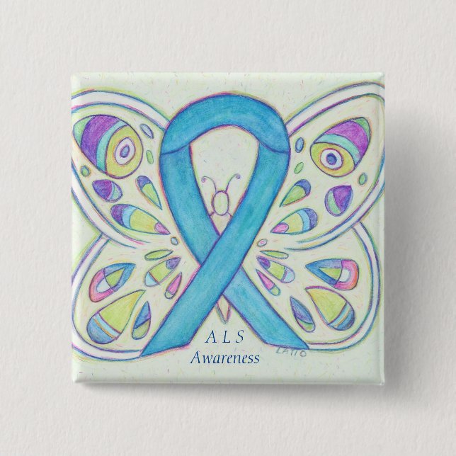 ALS Blue Butterfly Awareness Ribbon Custom Art Pin (Front)