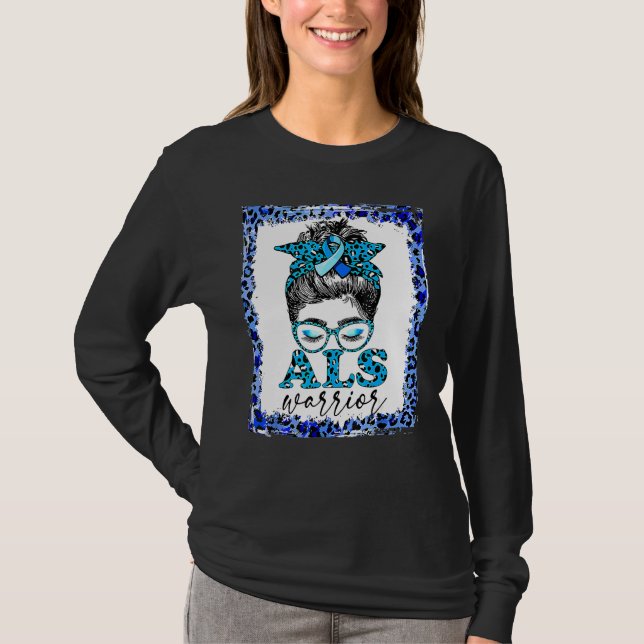 Als Warrior Leopard Messy Bun Als Awareness Month  T-Shirt (Front)