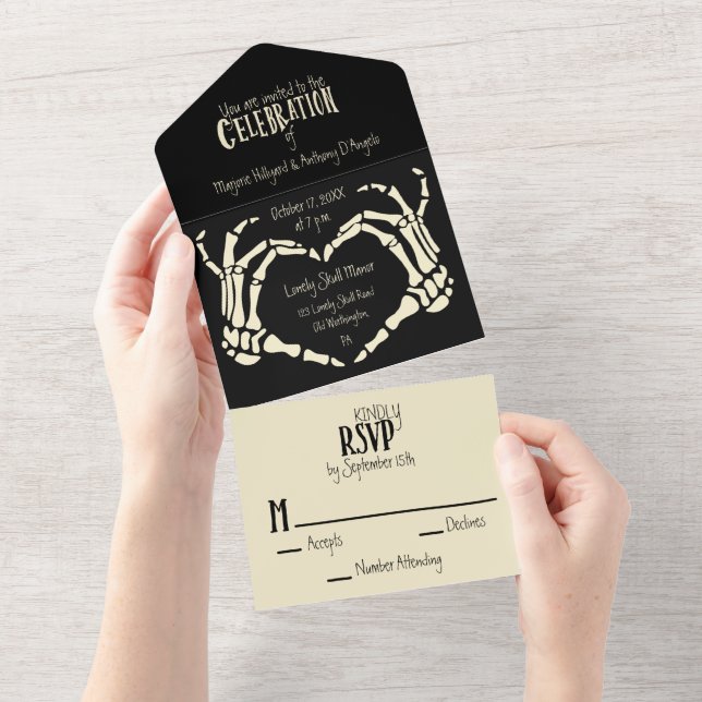 Alt. Heart Shaped Skeleton Hands Heart Wedding All In One Invitation (Tearaway)