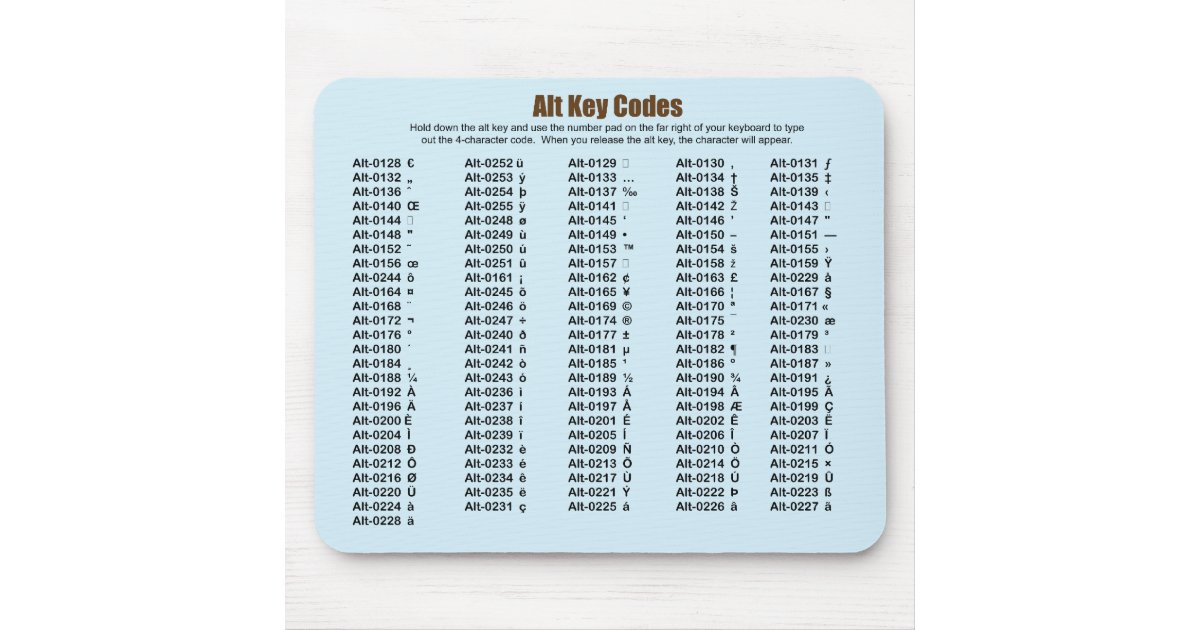 Alt Key Codes Mousepad Zazzle Co Uk