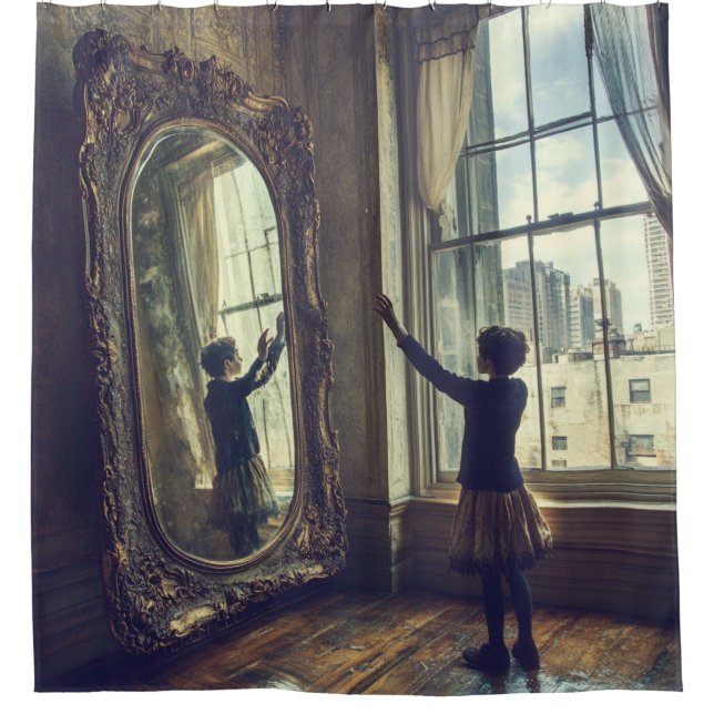 🪞 Altered Reflections – Surrealist Dreamscape Shower Curtain (Front)