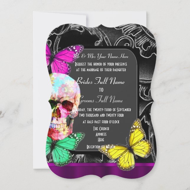 Alternative gothic sugar skull wedding invitation (Front)