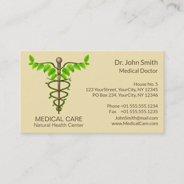Alternative Medical Caduceus Green Leaves Beige Business Card (Front)