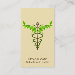 Alternative Medical Caduceus Green Leaves Beige Business Card