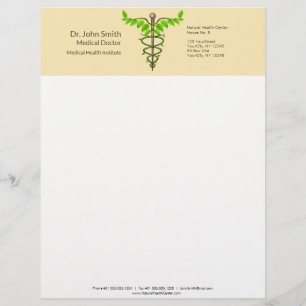 Alternative Medical Caduceus Green Leaves Beige Custom Letterhead