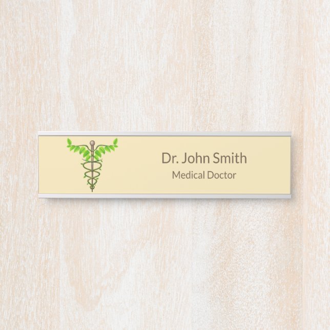 Alternative Medical Caduceus Green Leaves Beige Door Sign (Front)