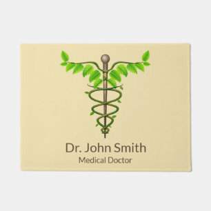 Alternative Medical Caduceus Green Leaves Beige Doormat