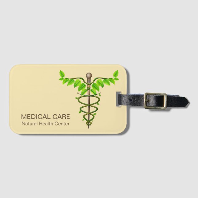 Alternative Medical Caduceus Green Leaves Beige Luggage Tag (Front Horizontal)