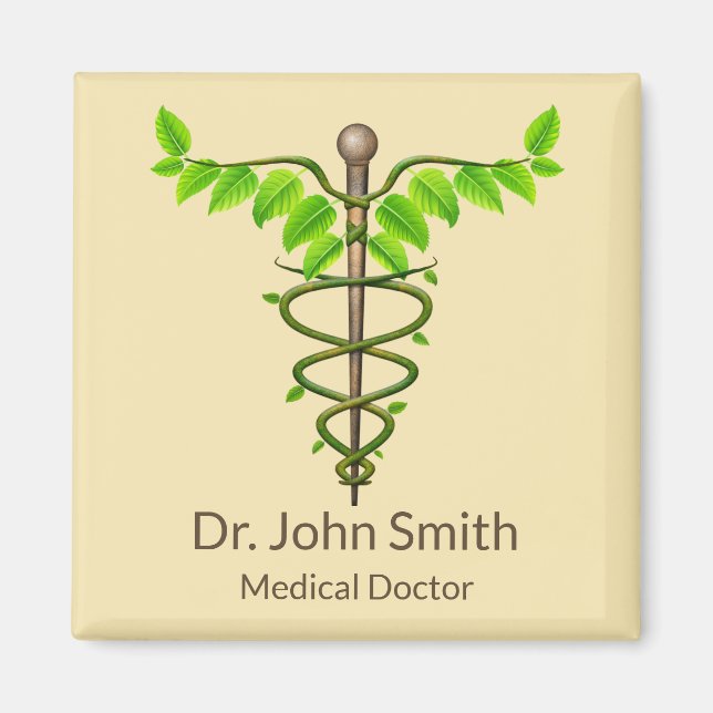 Alternative Medical Caduceus Green Leaves Beige Magnet (Front)