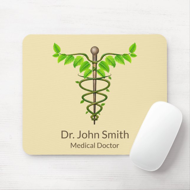 Alternative Medical Caduceus Green Leaves Beige Mouse Mat (With Mouse)