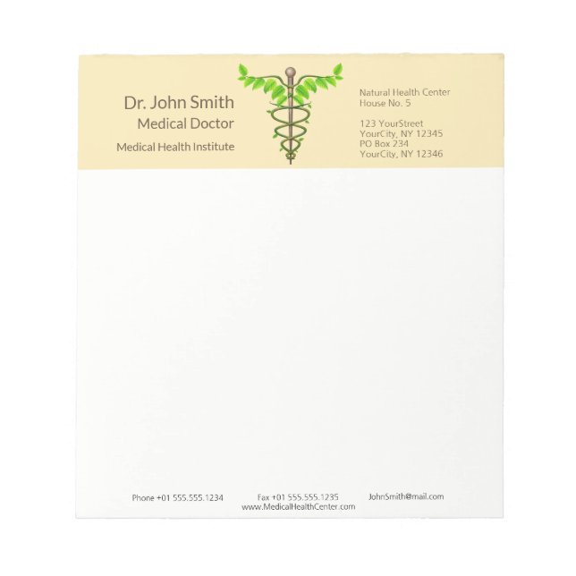 Alternative Medical Caduceus Green Leaves Beige Notepad (Front)
