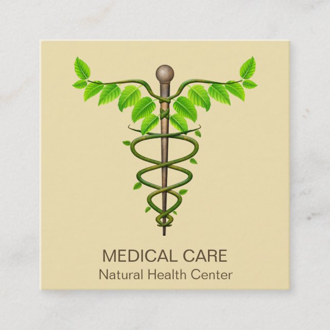 Alternative Medical Caduceus Green Leaves Beige Square Business Card (Front)