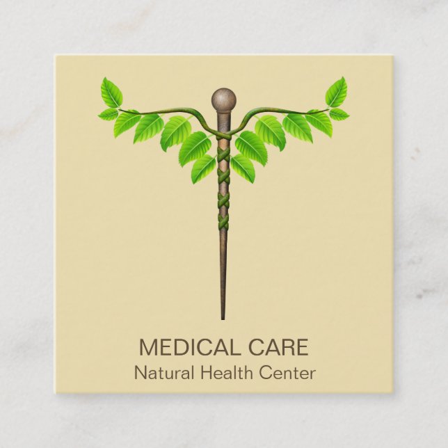 Alternative Medical Caduceus Green Leaves Beige Square Business Card (Front)