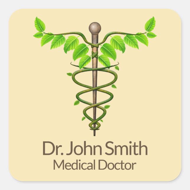 Alternative Medical Caduceus Green Leaves Beige Square Sticker (Front)