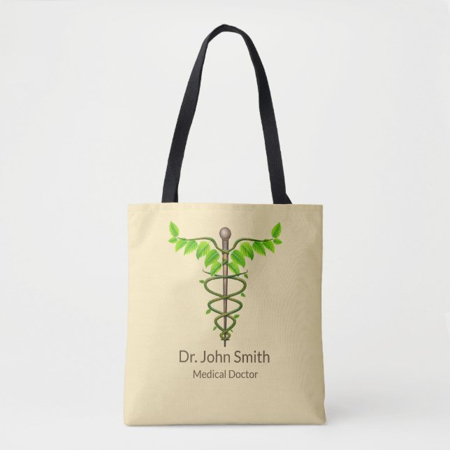 Alternative Medical Caduceus Green Leaves Beige Tote Bag (Front)