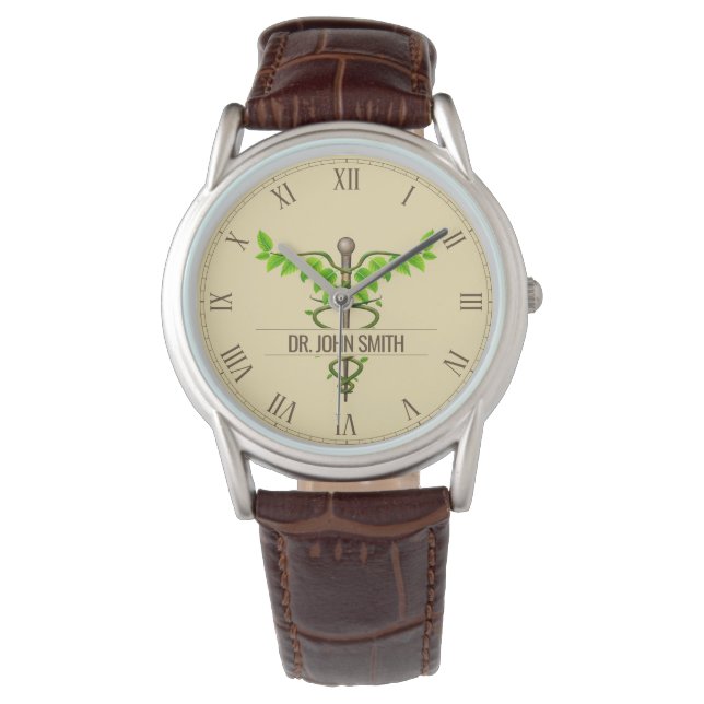 Alternative Medical Caduceus Green Leaves Beige Watch (Front)