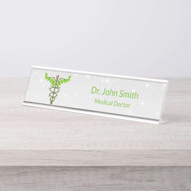 Alternative Medical Caduceus Green Leaves White Desk Name Plate (Front)