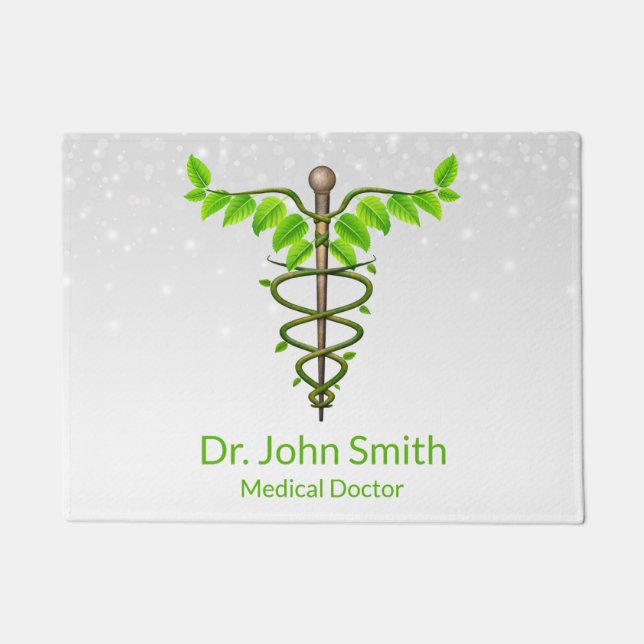 Alternative Medical Caduceus Green Leaves White Doormat (Front)