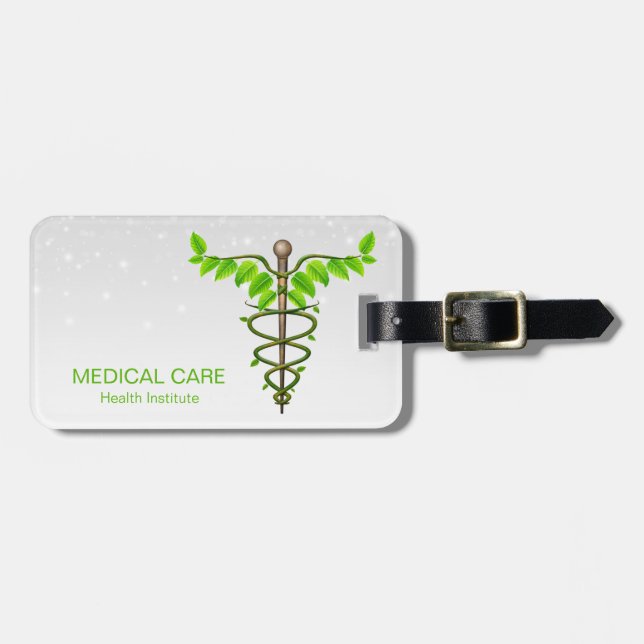 Alternative Medical Caduceus Green Leaves White Luggage Tag (Front Horizontal)
