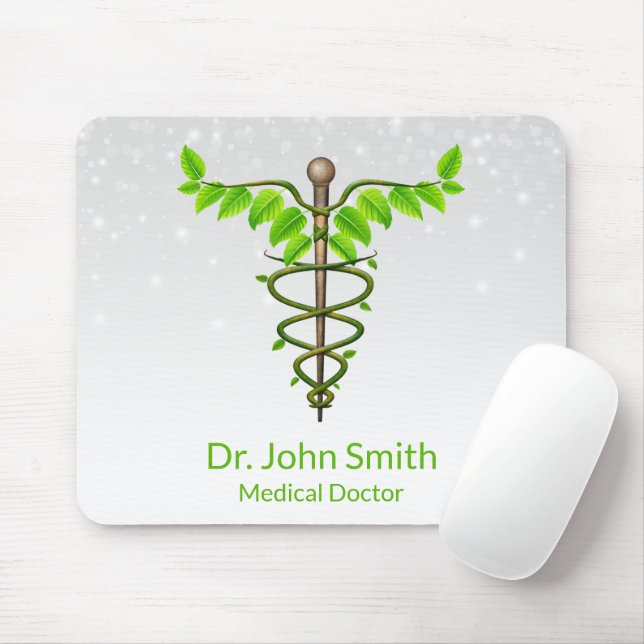 Alternative Medical Caduceus Green Leaves White Mouse Mat (With Mouse)