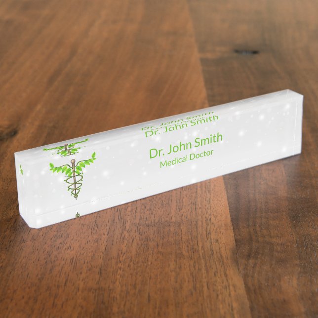 Alternative Medical Caduceus Green Leaves White Nameplate (Side)