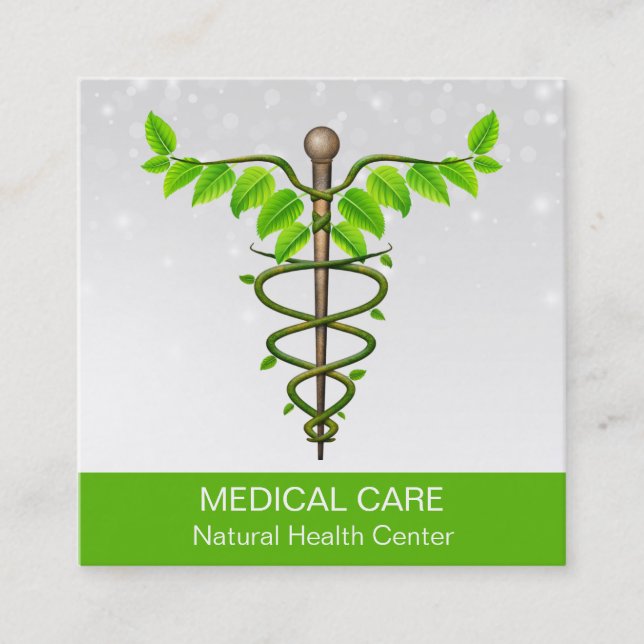 Alternative Medical Caduceus Green Leaves White Square Business Card (Front)