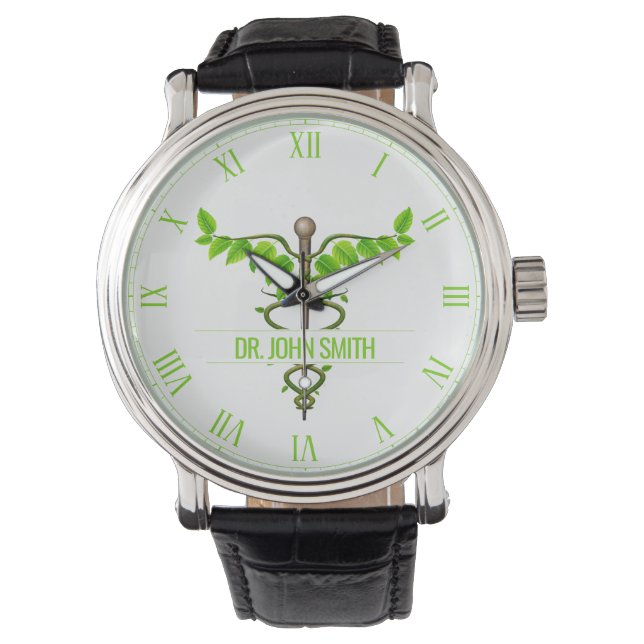 Alternative Medical Caduceus Green Leaves White Watch (Front)