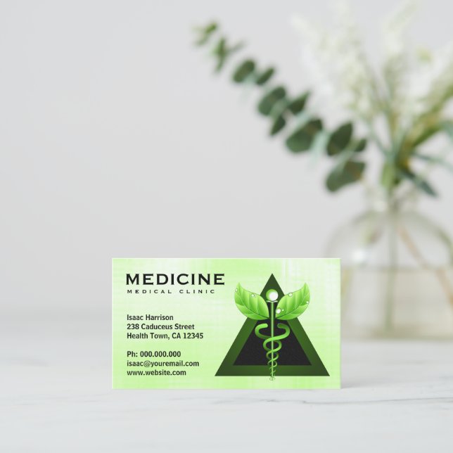 Alternative Medicine Light Green Caduceus Bizcards Business Card (Standing Front)