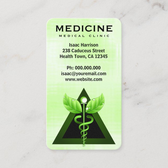 Alternative Medicine Light Green Caduceus Vertical Business Card (Front)