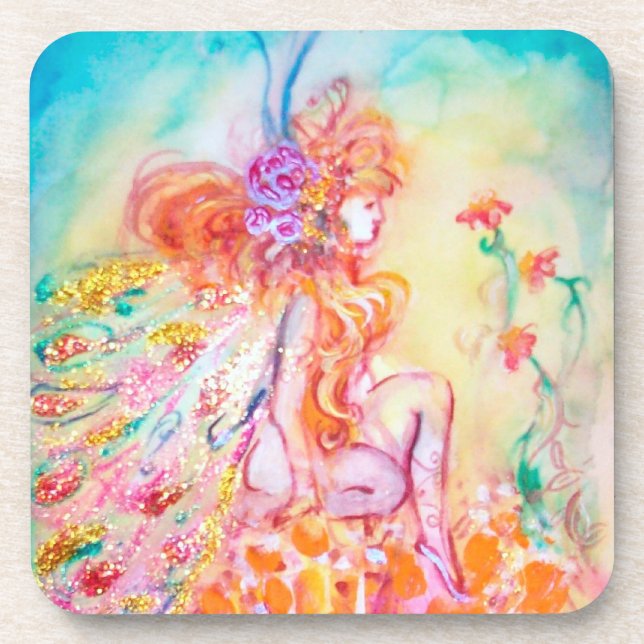 ALTHEA /Whimsical Fairy on the Pink Flower Coaster (Front)
