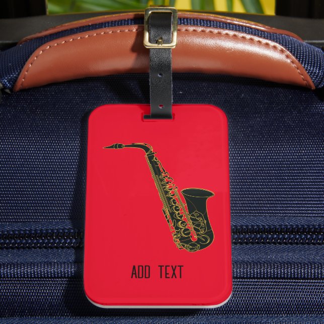 Alto Saxophone on Red Personalizable Luggage Tag (Front Insitu 2)